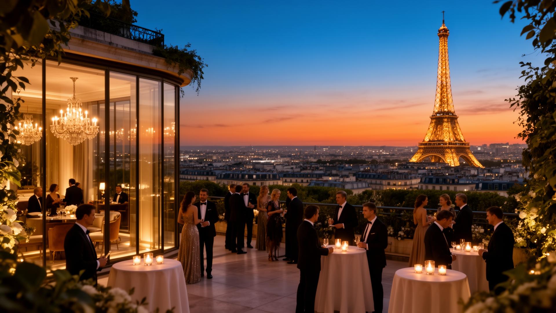 Terrasse parisienne au crépuscule avec la Tour Eiffel
